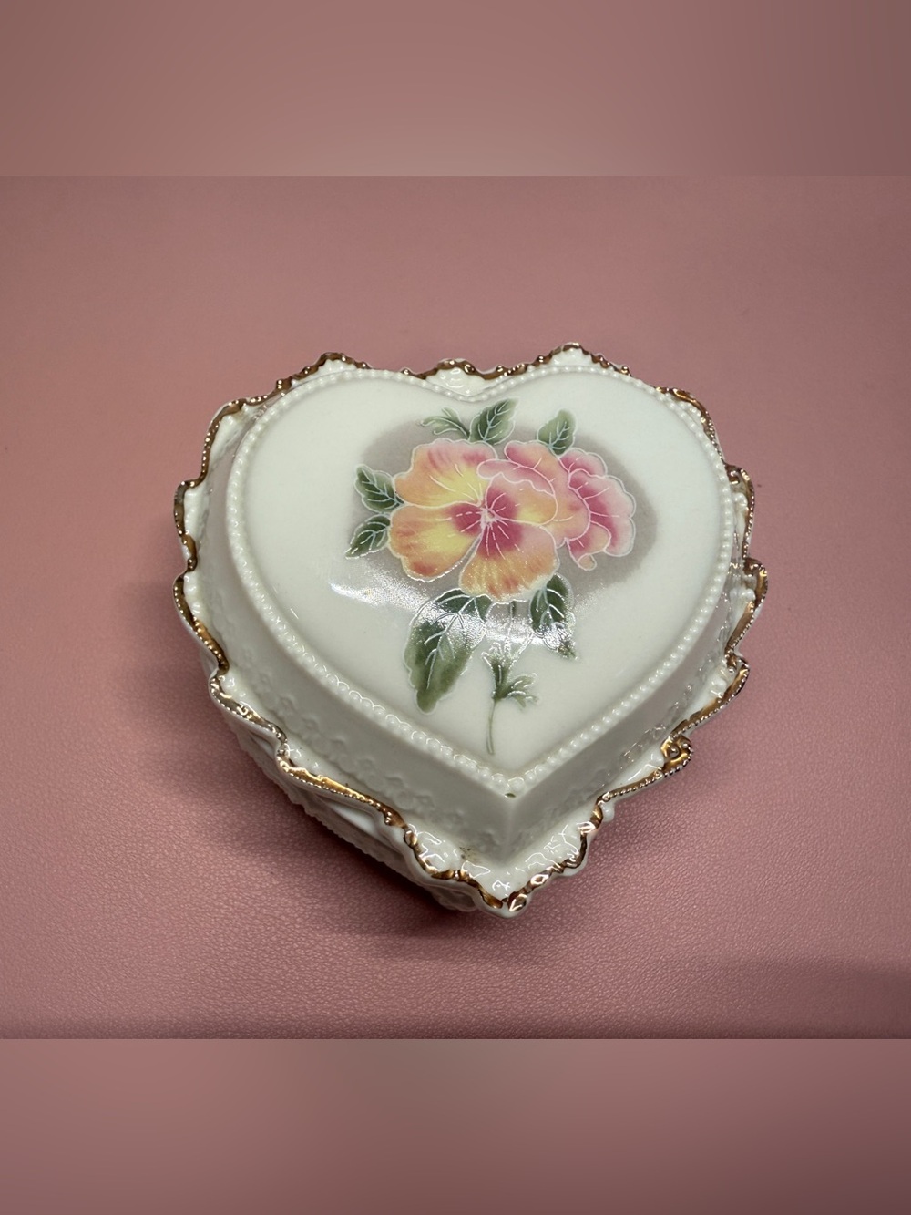 Vintage Japan Heart Shaped Porcelain Trinket Box Floral Gold Trim Keepsake Decor